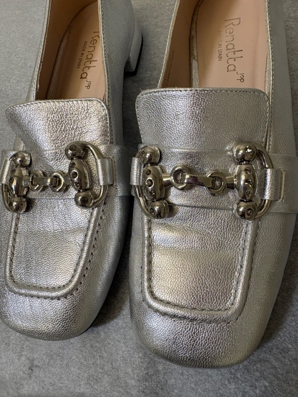 Renatta Spain Silver Metallic Leather Loafers, Square Driving Flat Shoes Sz 8.5